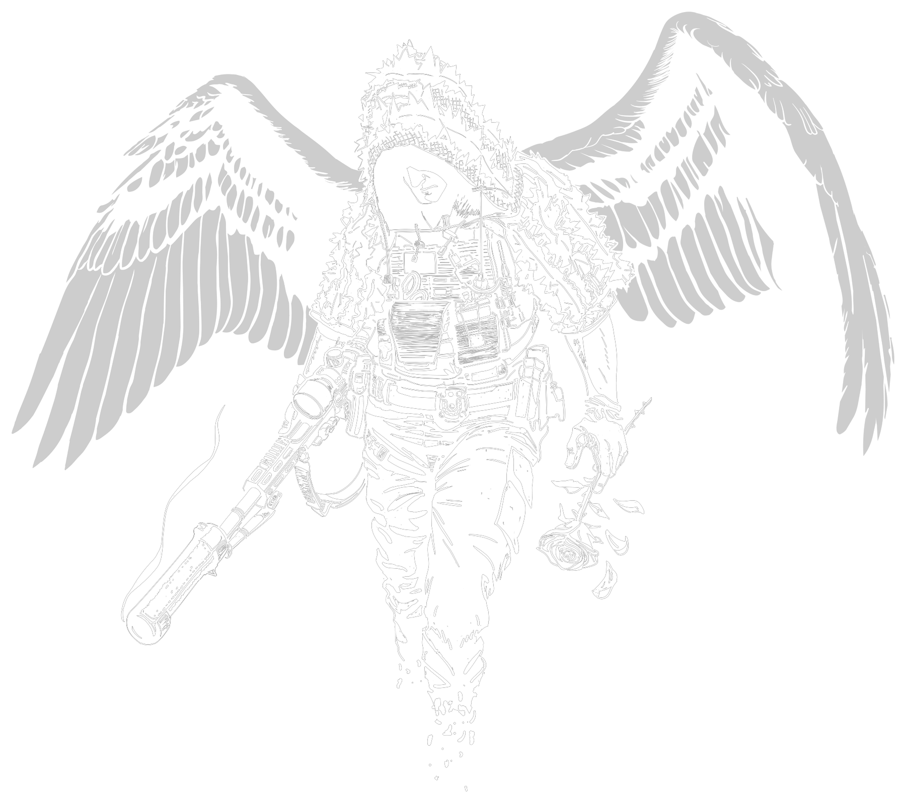 Illustration of a hooded operator with dark wings, carrying a rifle in one hand and a rose in the other.